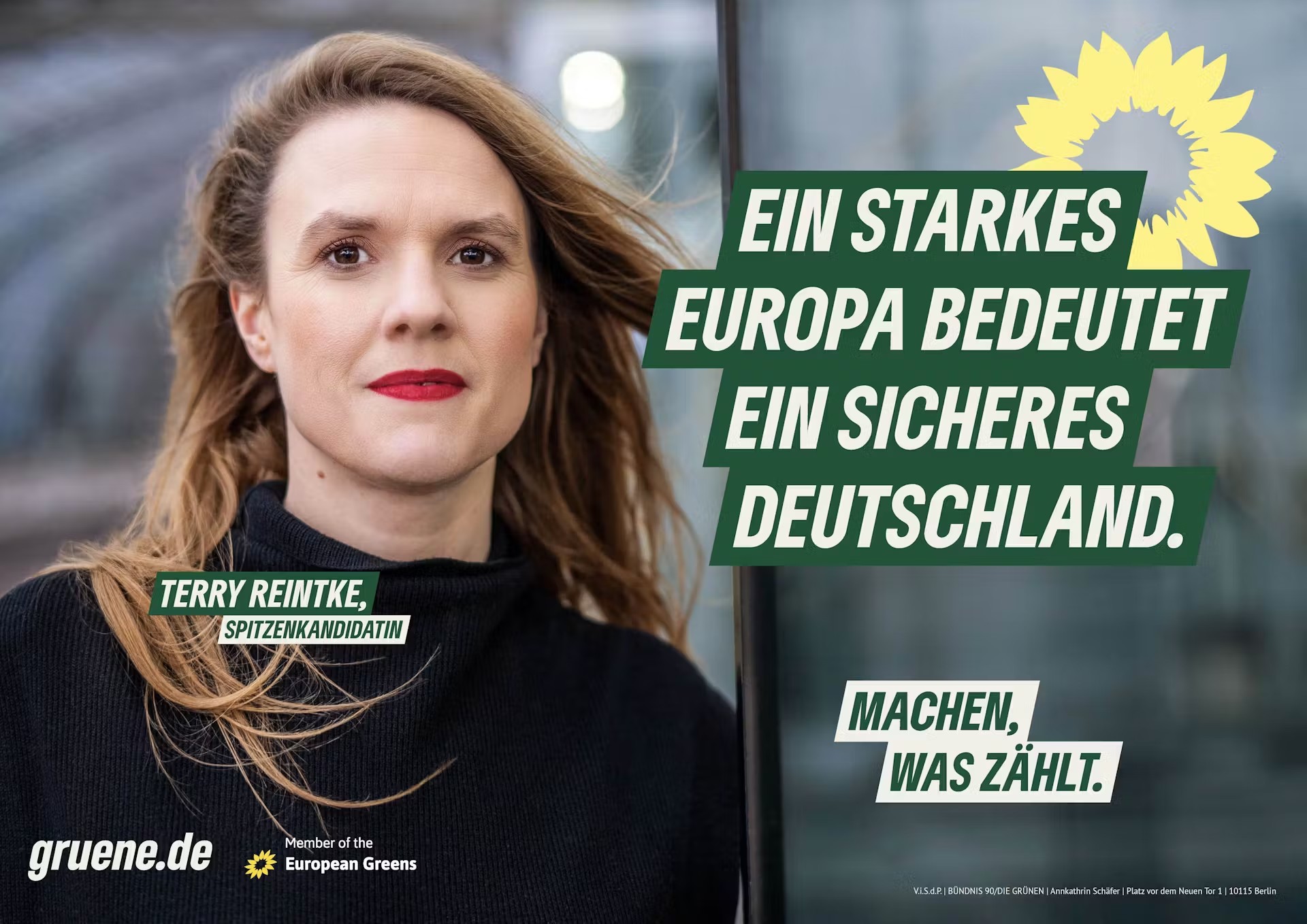 Europawahl 2024 Plakat mit Terry Reintke. Ein starkes Europa bedeutet ein sicheres Deutschland.
